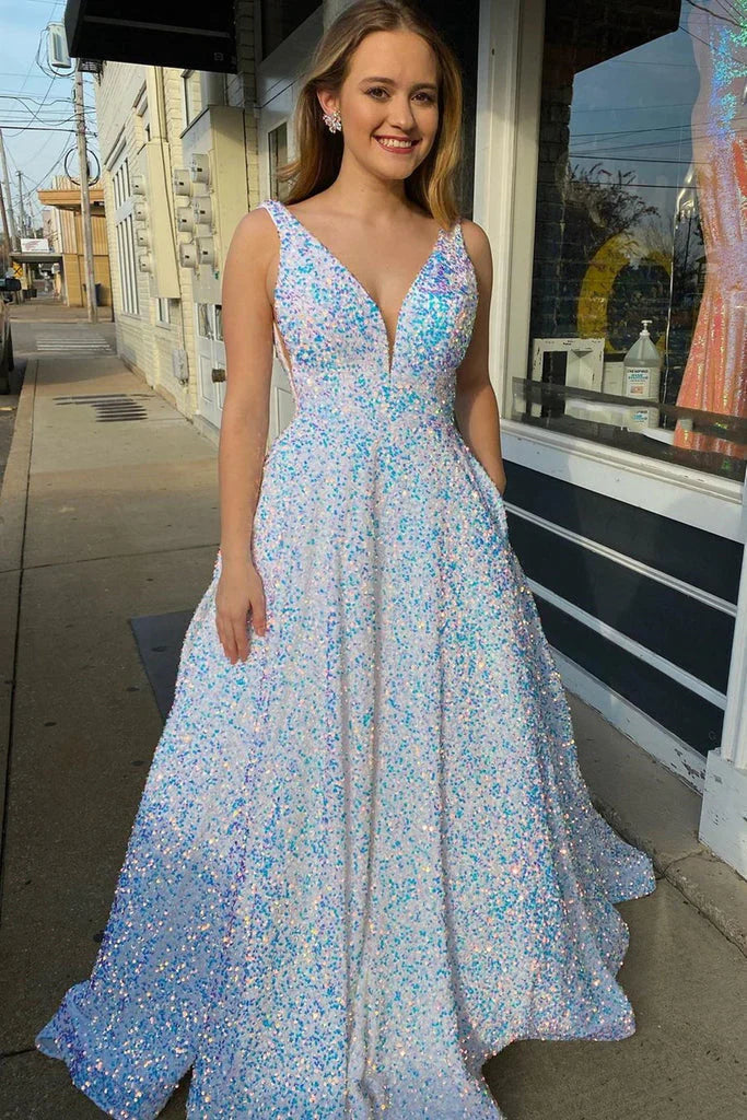 Wholesale Shiny Sequins A-Line V-Neck Formal Evening Dresses Long Prom Dresses
